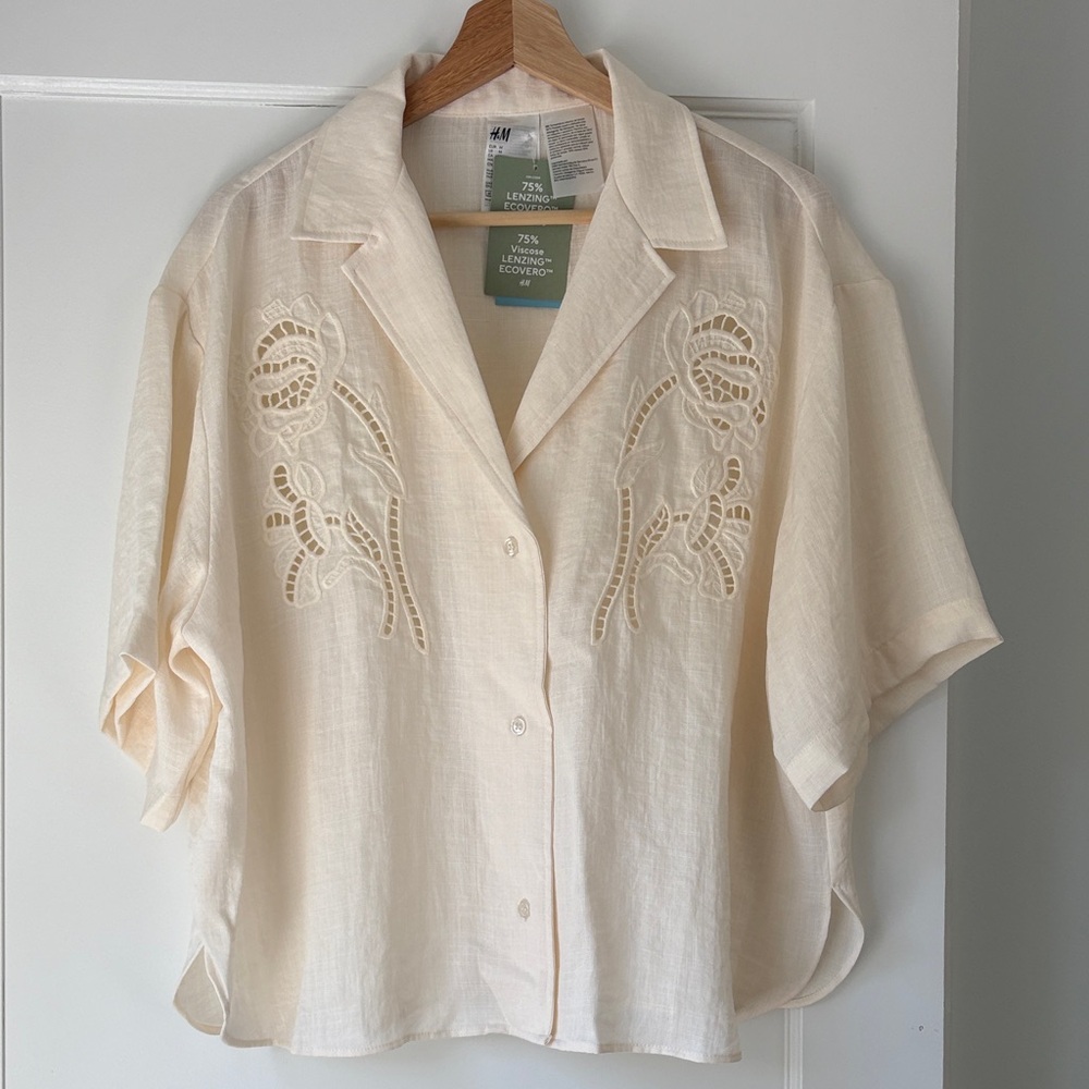 H&M Cream Short-Sleeve Embroidered Button-Down Shirt